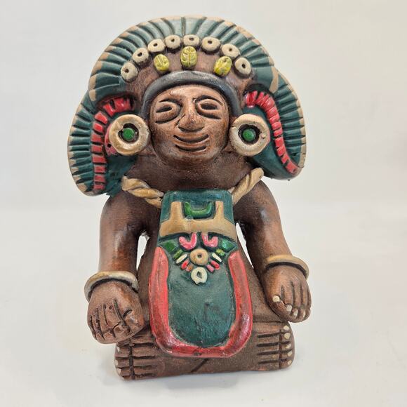 Vintage Mexican Hand Painted Clay Aztec Style Figure Statue 6.5" Folk Art - Picture 10 of 16